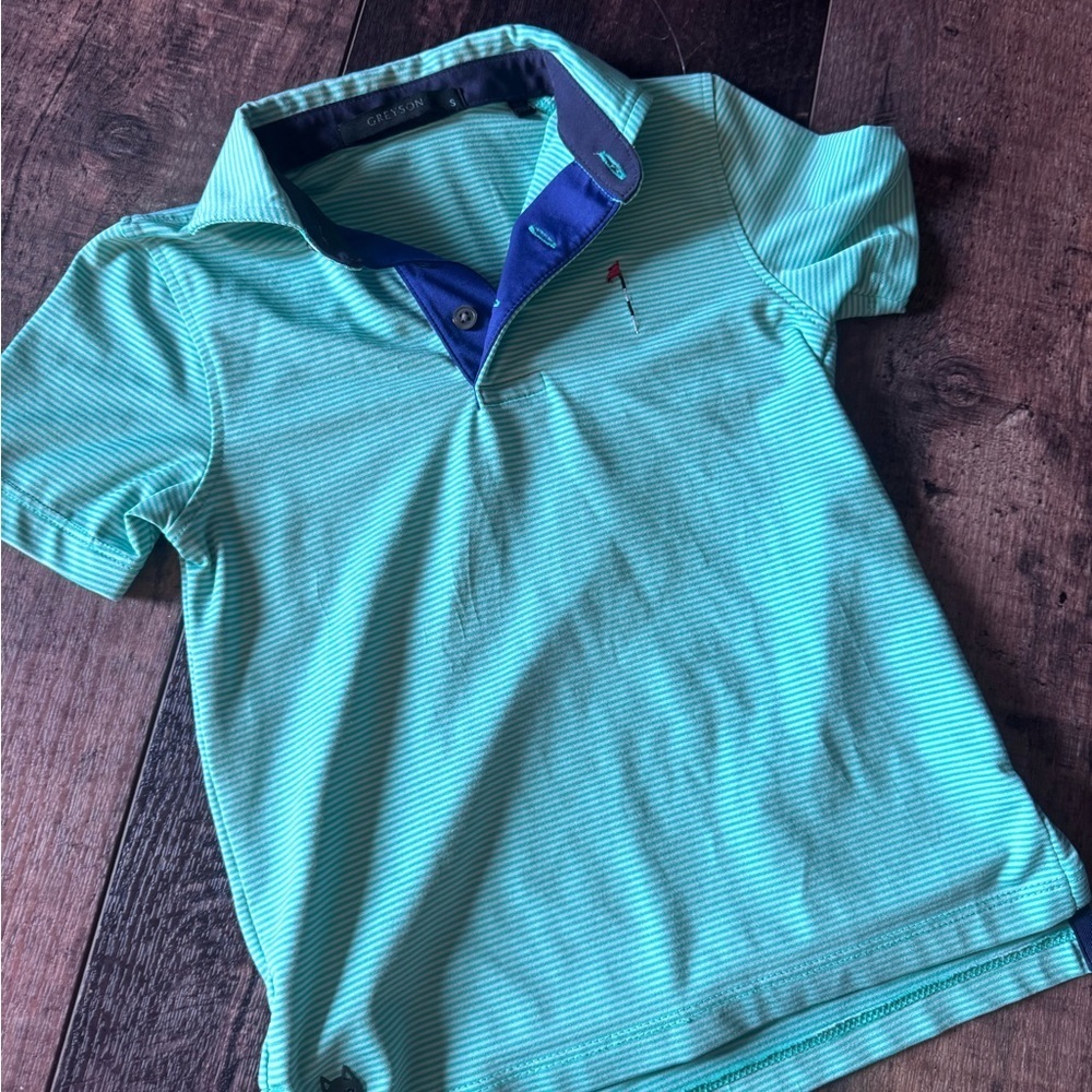 Greyson Polo Shirt Boys Small 4-5 Aqua Striped Golf Performance Shirt